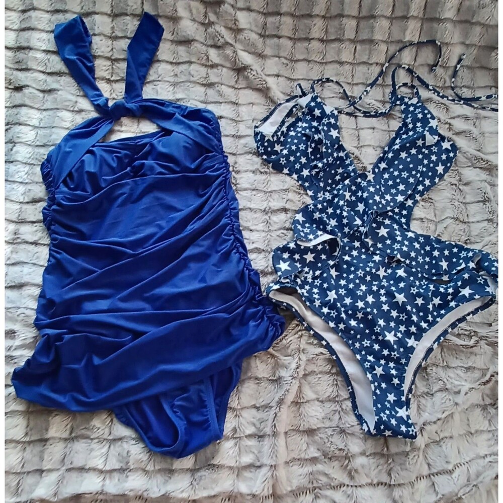 NWT Bundle 2x swimsuits, blue Sofia Vergara & brandless white star print, Size M